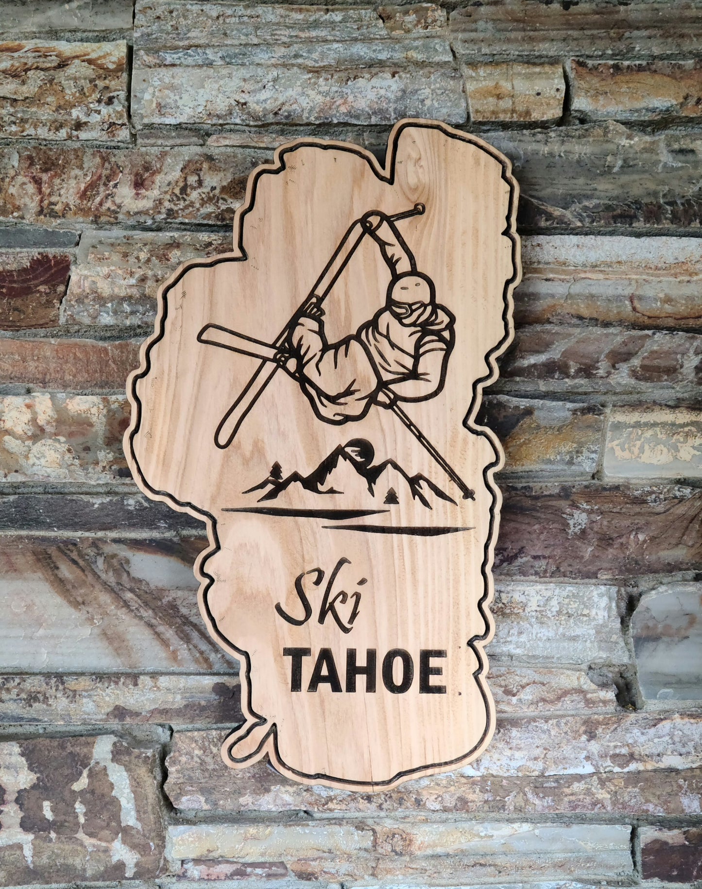 Lake Shaped Ski Tahoe Rustic Wood Sign