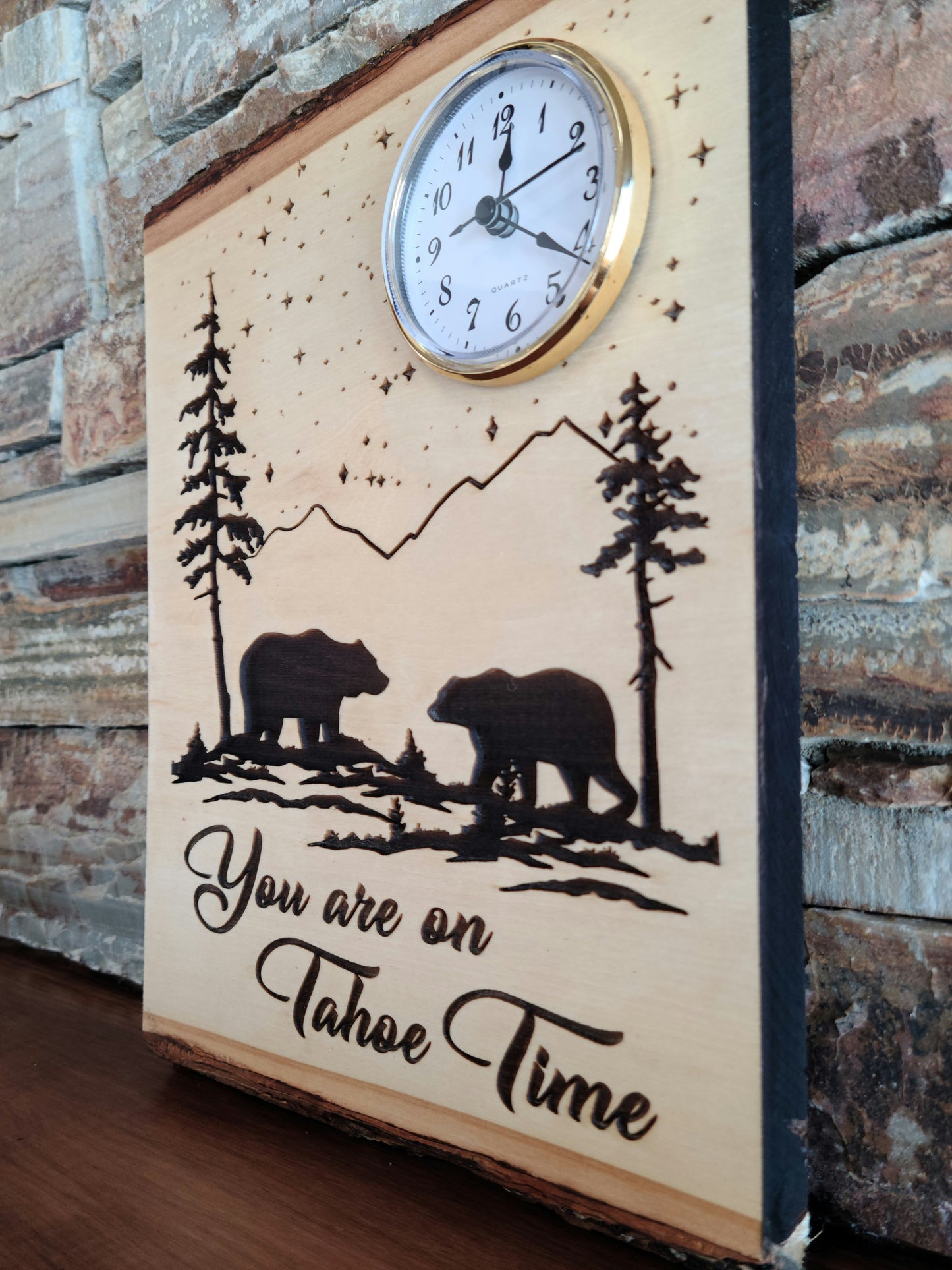 Rustic On Tahoe Time Engraved Wood Clock