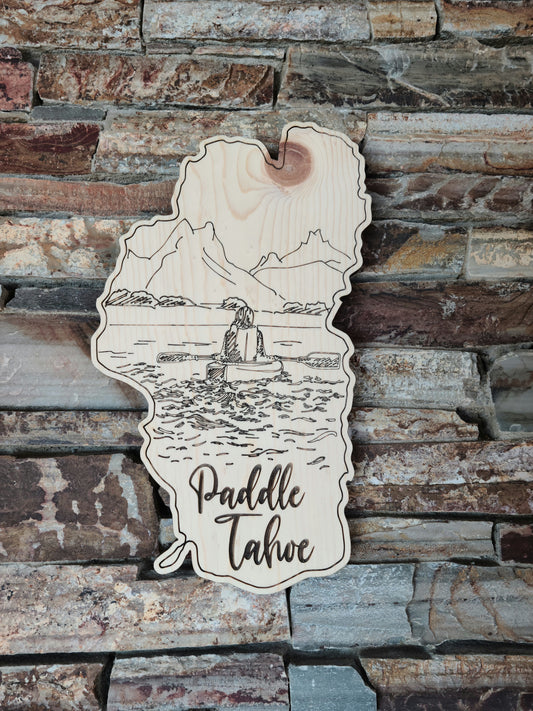 Lake Shaped Paddle Tahoe Engraved Rustic Cutout Sign