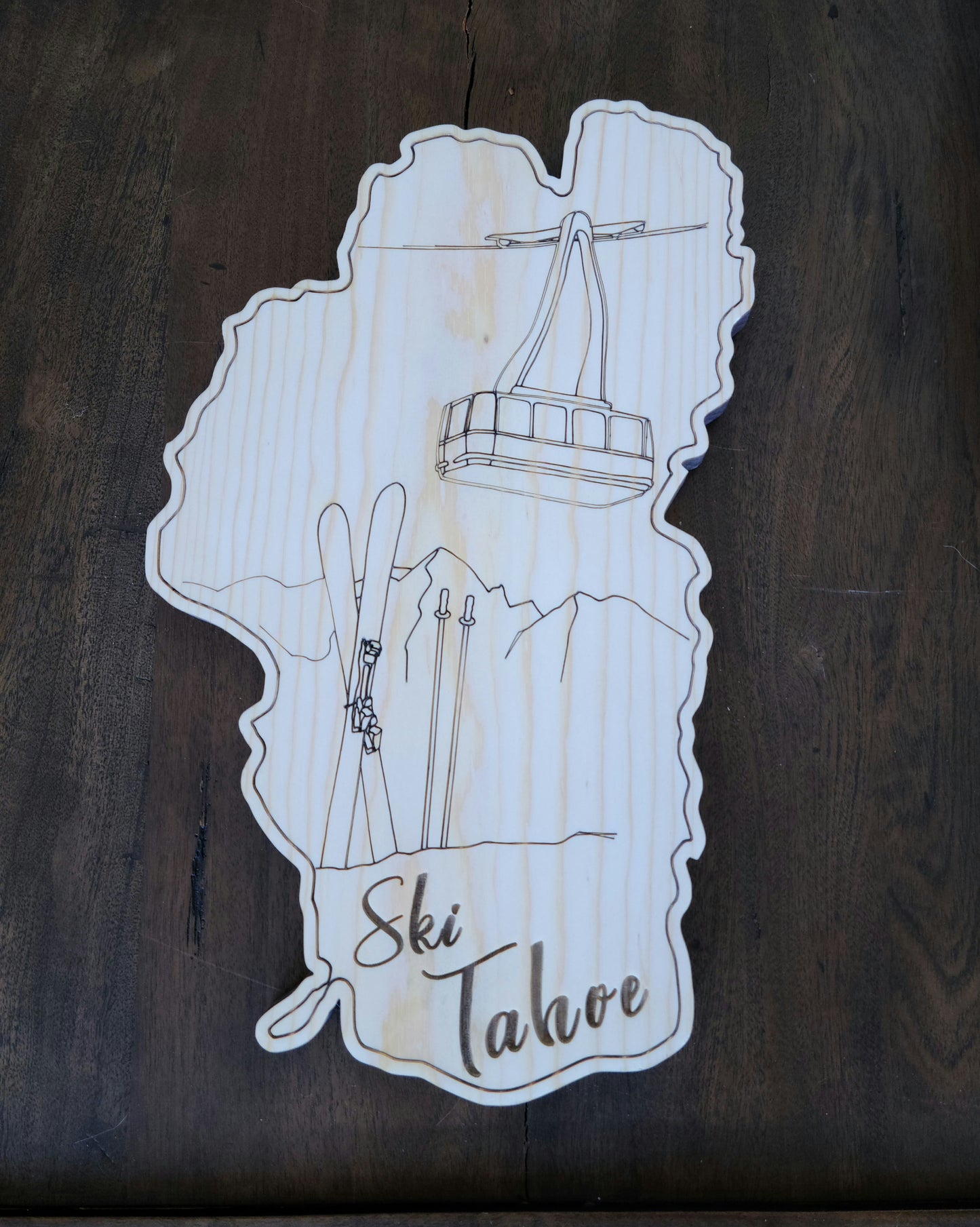 Lake Shaped Engraved Ski Tahoe Wood Rustic Cutout Sign