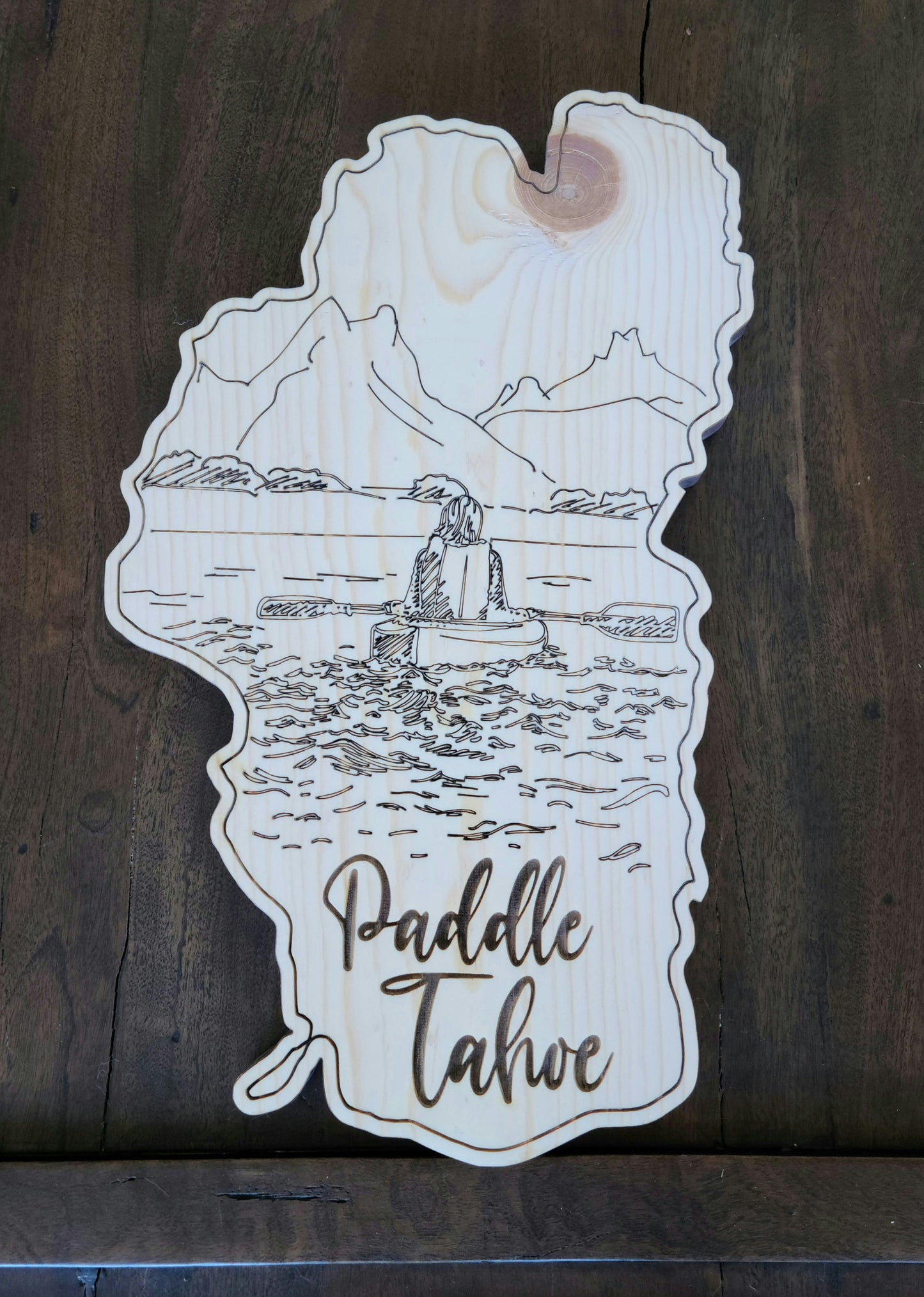 Lake Shaped Paddle Tahoe Engraved Rustic Cutout Sign
