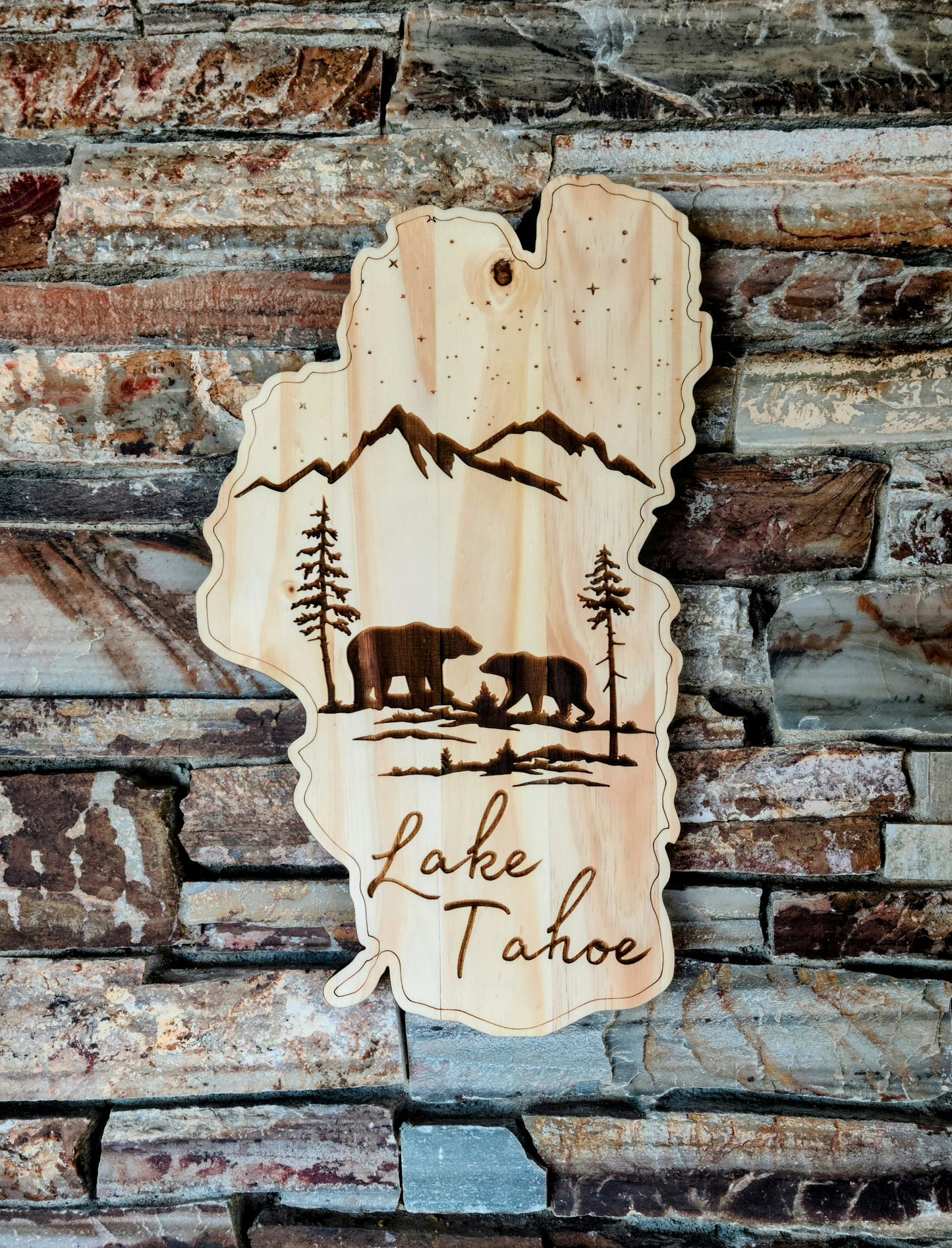 Lake Shaped Tahoe Rustic Cutout Sign with Bears