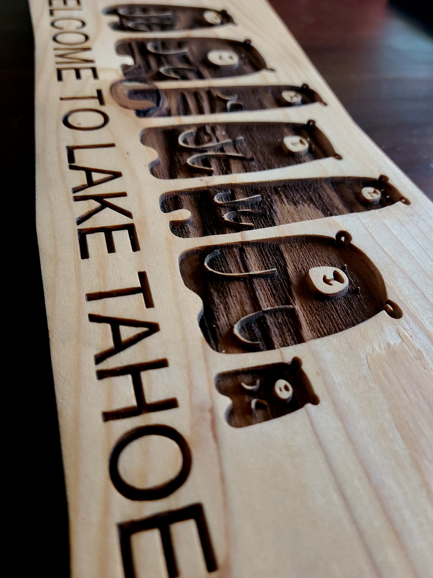 Cute Bears Engraved Rustic Wood Welcome to Lake Tahoe Sign
