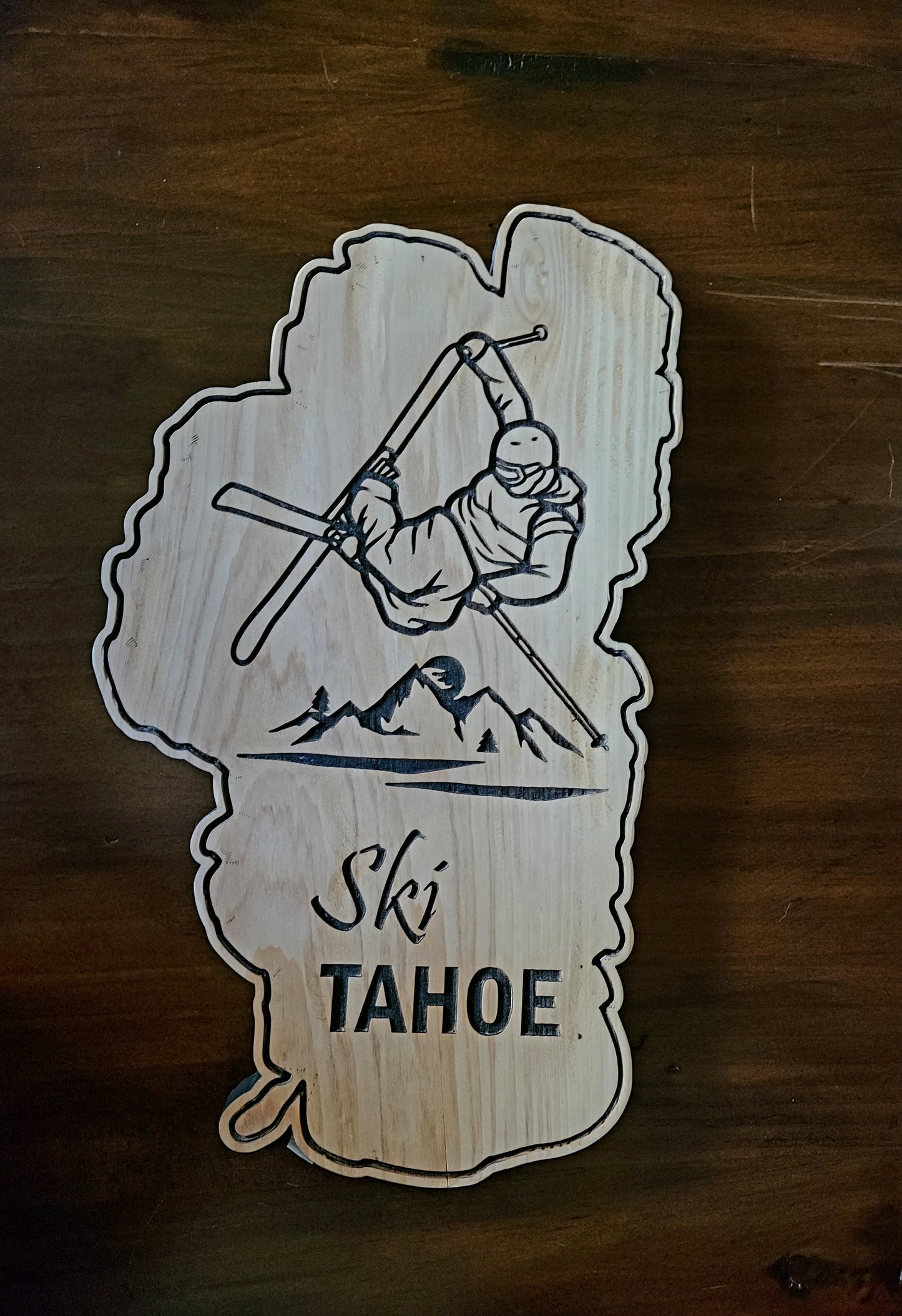 Lake Shaped Ski Tahoe Rustic Wood Sign