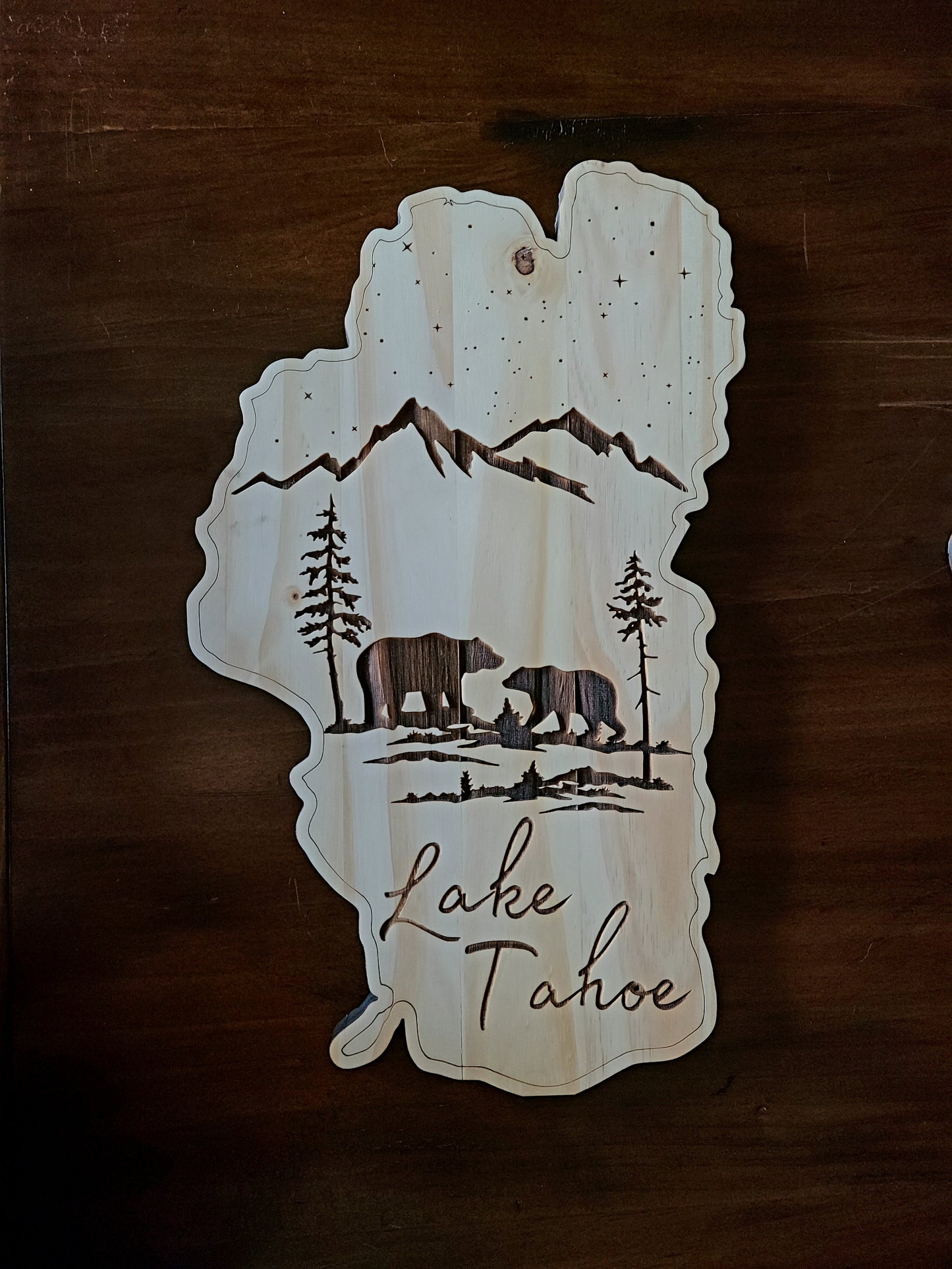 Lake Shaped Tahoe Rustic Cutout Sign with Bears