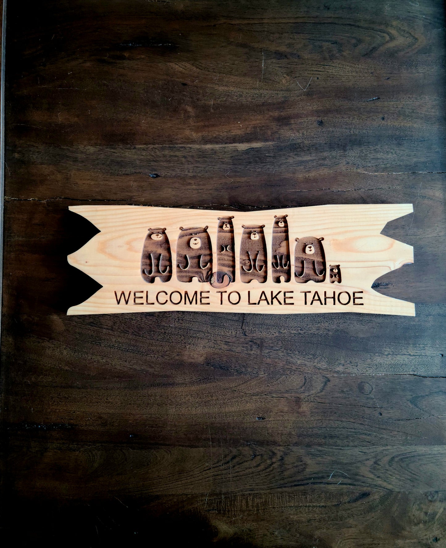 Cute Bears Engraved Rustic Wood Welcome to Lake Tahoe Sign