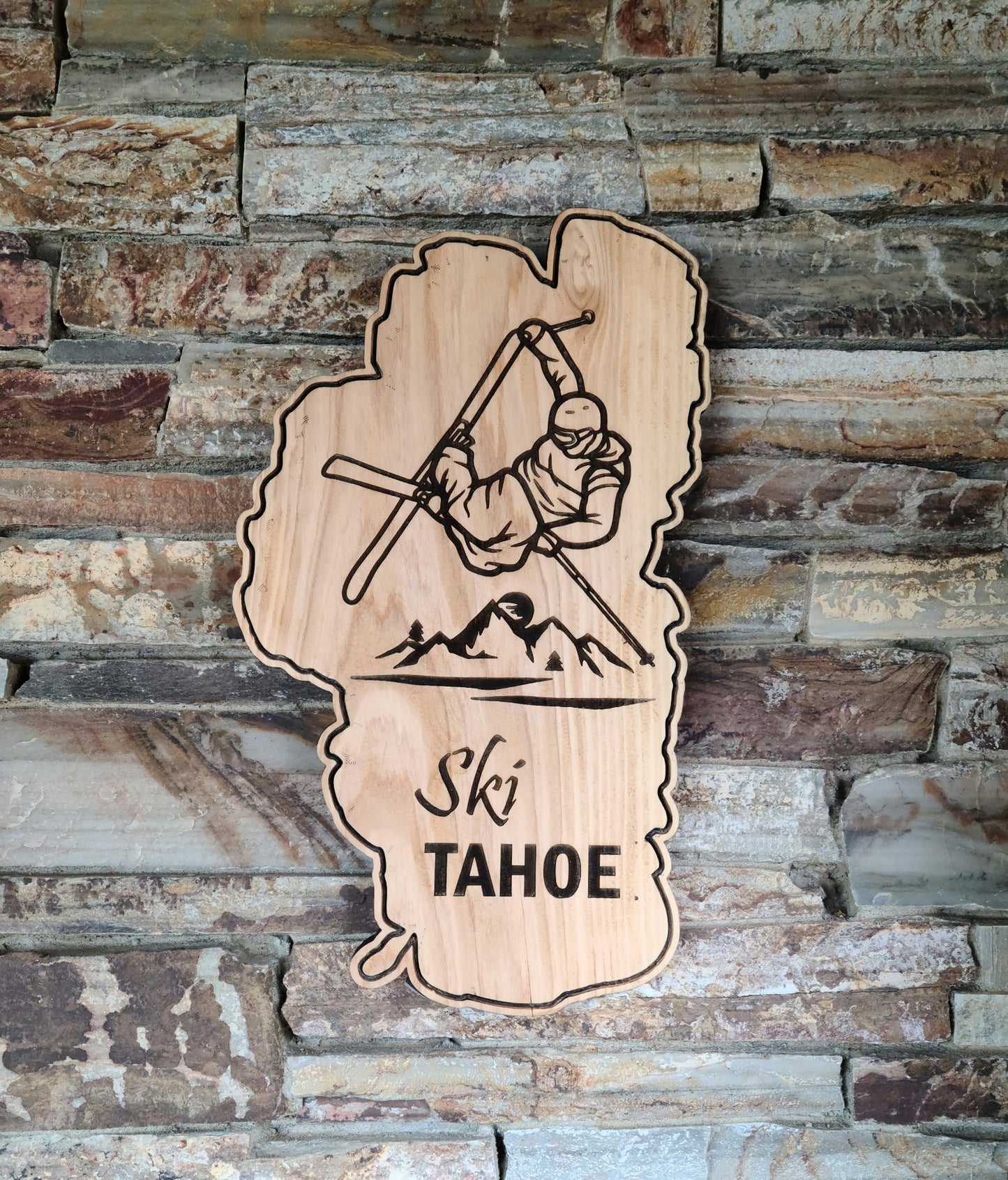 Lake Shaped Ski Tahoe Rustic Wood Sign