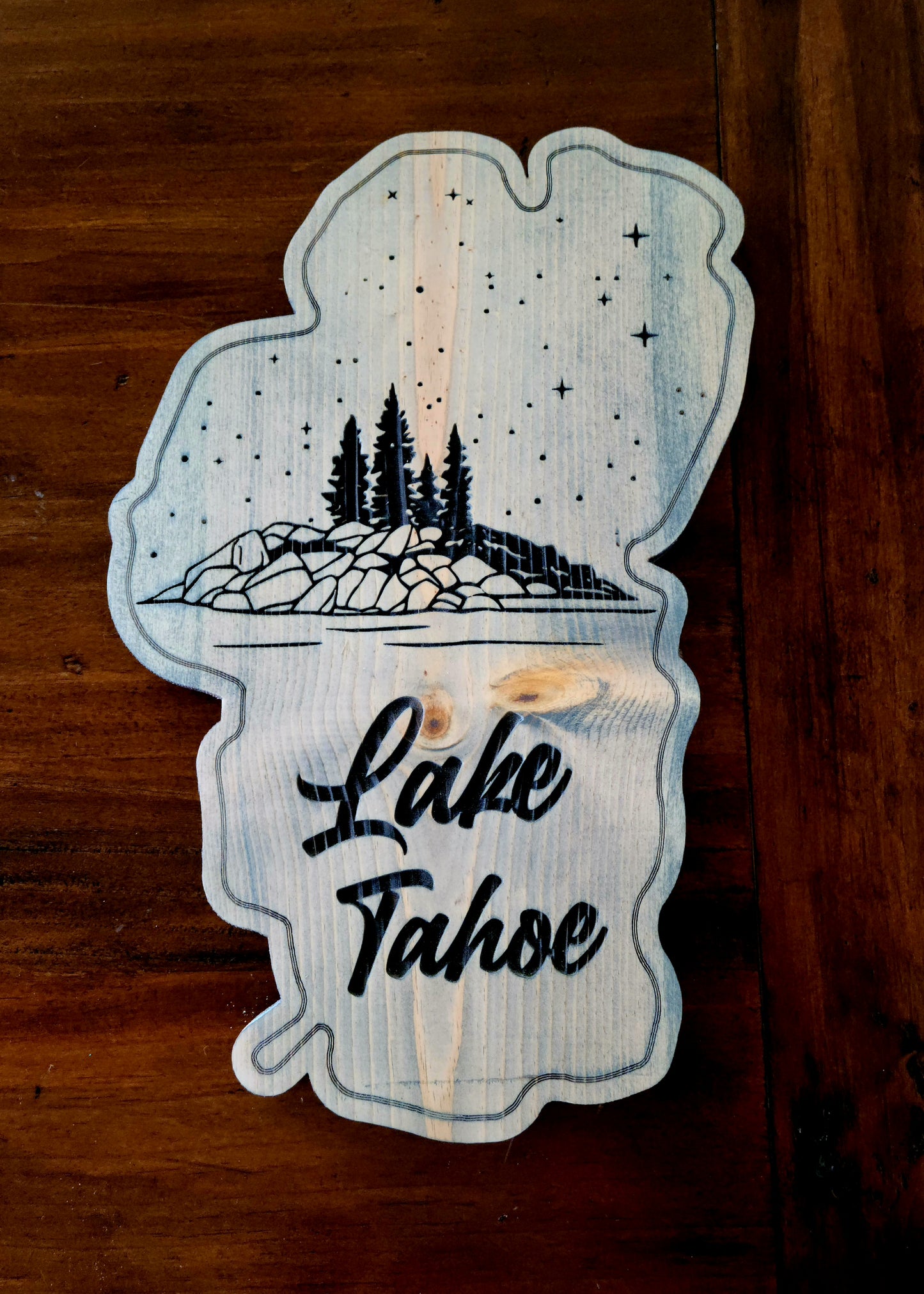 Lake Shaped Lake Tahoe Engraved Rustic Cutout Sign
