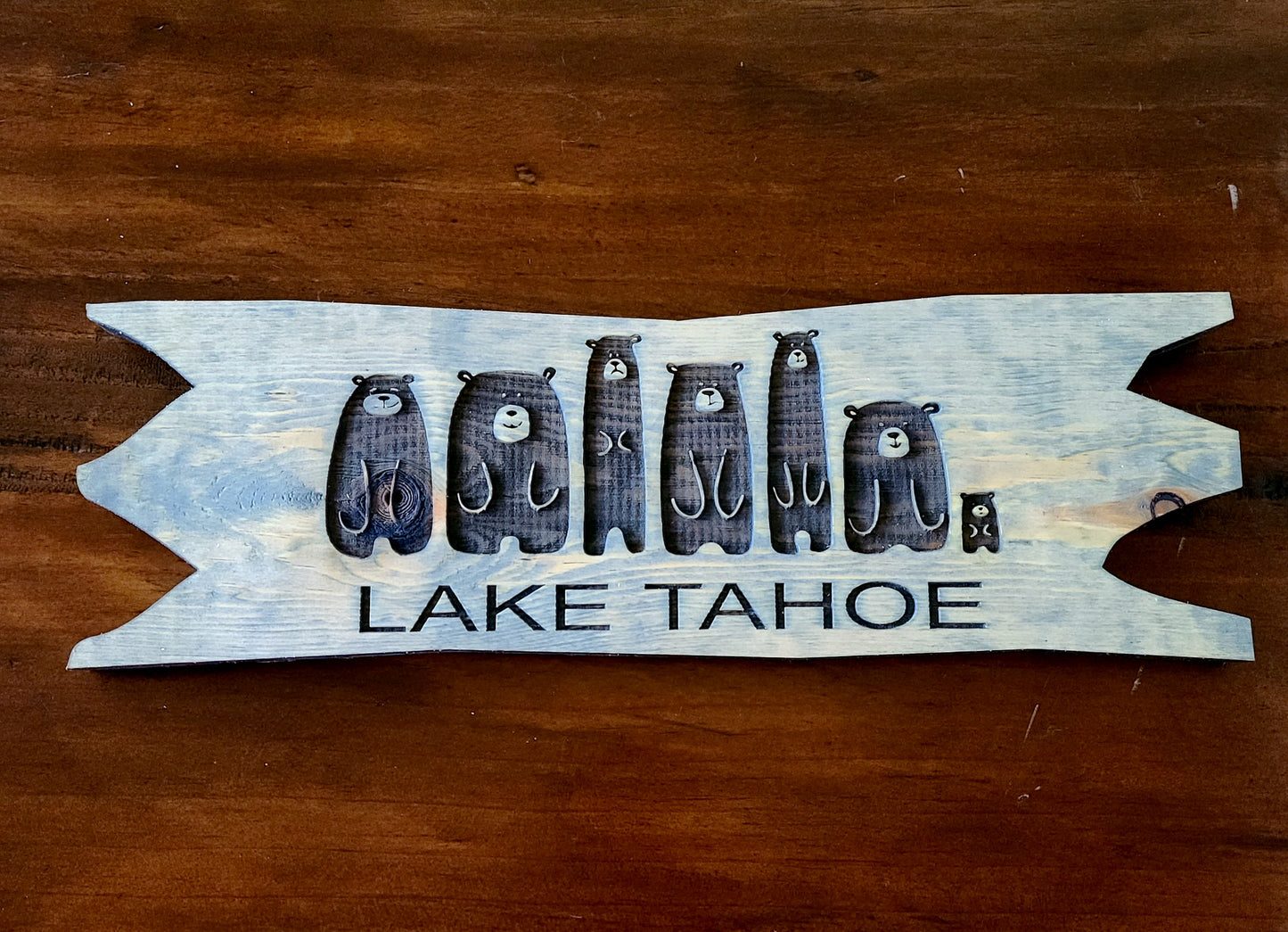 Cute Bears Engraved Rustic Wood Welcome to Lake Tahoe Sign