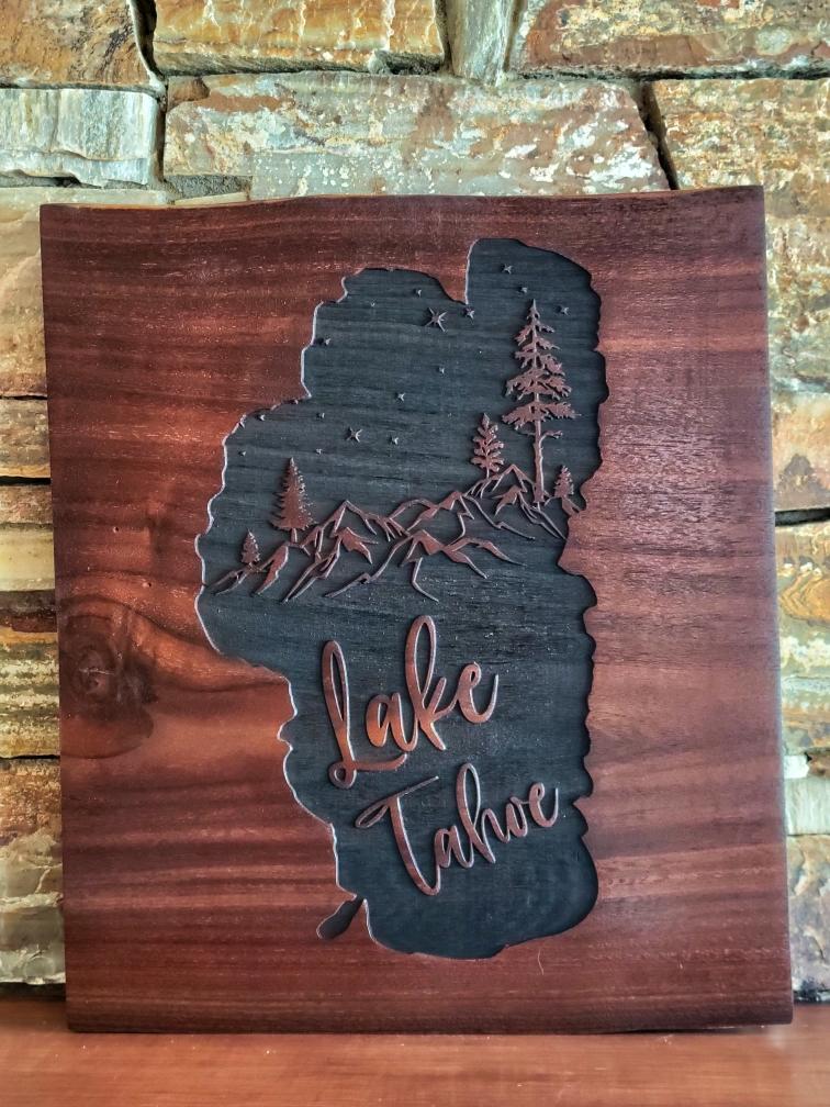 Black Walnut Live Edge Slab with Engraved Picture of Lake Tahoe