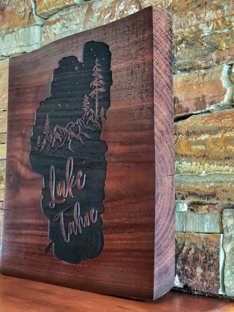 Black Walnut Live Edge Slab with Engraved Picture of Lake Tahoe